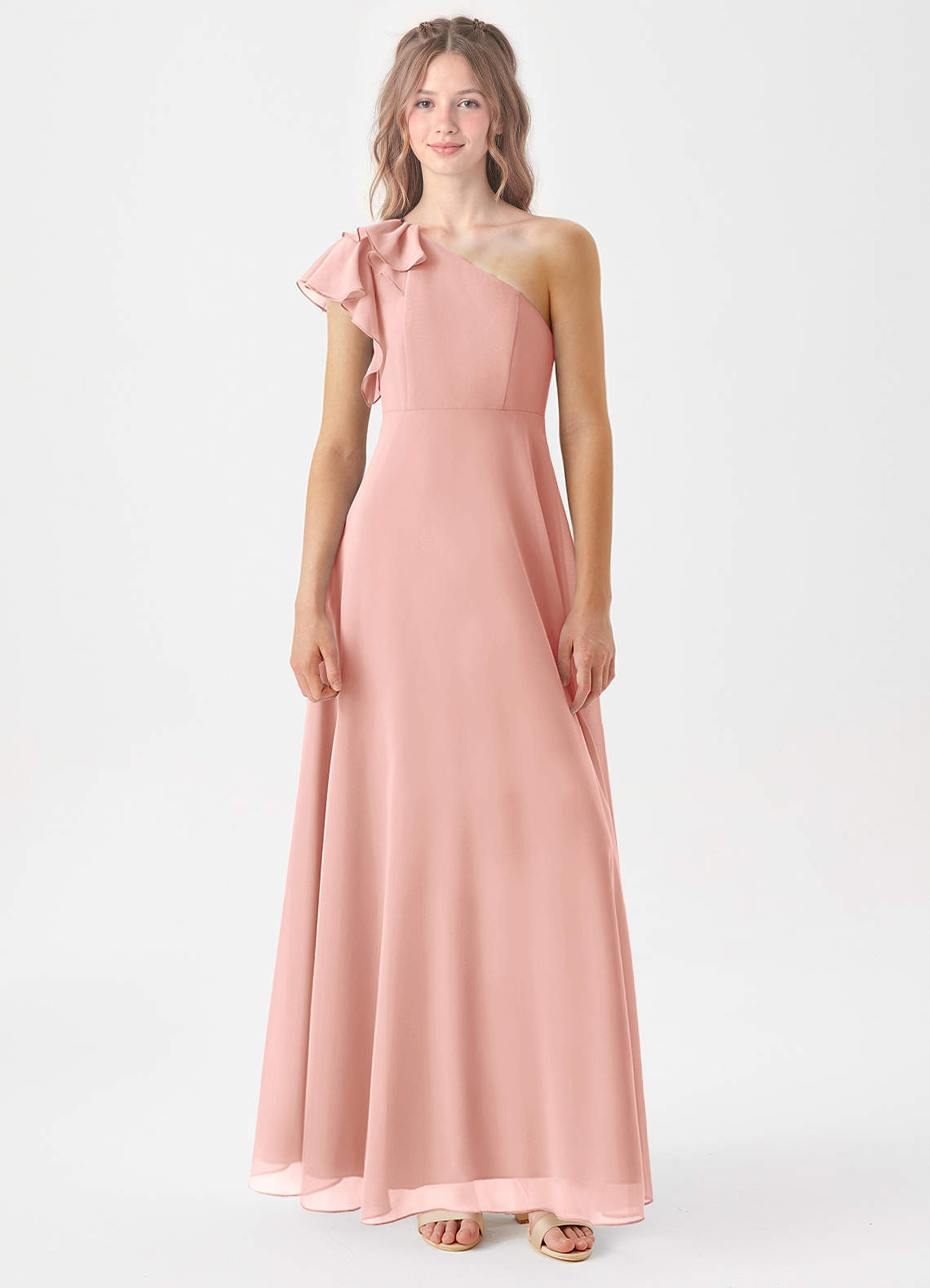 Geranium One Shoulder Chiffon Bridesmaid Dress with Ruffle Detail A-Line Floor Length Elegant Formal Gown KD-68