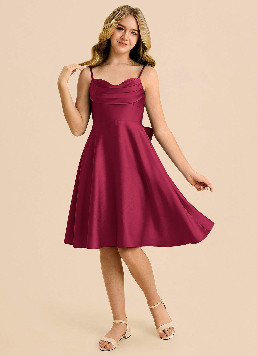 Geranium Burgundy Satin Junior Bridesmaid Dress with Spaghetti Straps & Bow Back – Knee Length A-Line Party Dress KD-78