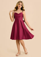Geranium Burgundy Satin Junior Bridesmaid Dress with Spaghetti Straps & Bow Back – Knee Length A-Line Party Dress KD-78