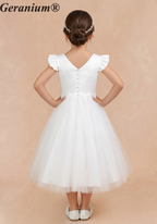 Geranium Elegant White Flower Girl Dress - Ruffle Cap Sleeve Tulle A-Line Party Gown with Optional Mauve Sash KD-272
