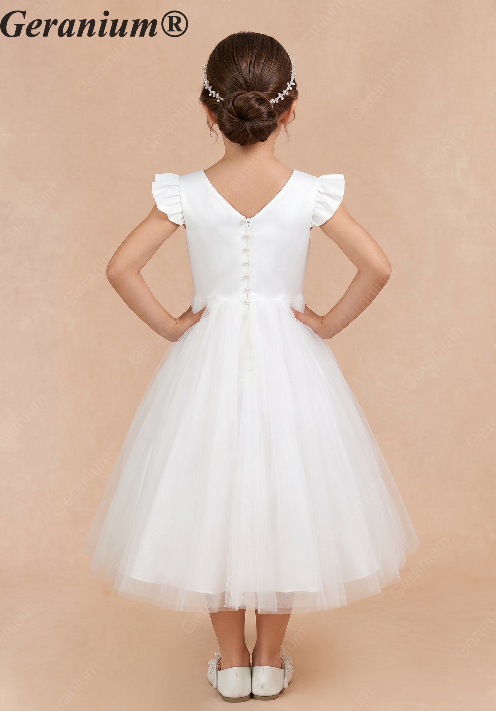 Geranium Elegant White Flower Girl Dress - Ruffle Cap Sleeve Tulle A-Line Party Gown with Optional Mauve Sash KD-272
