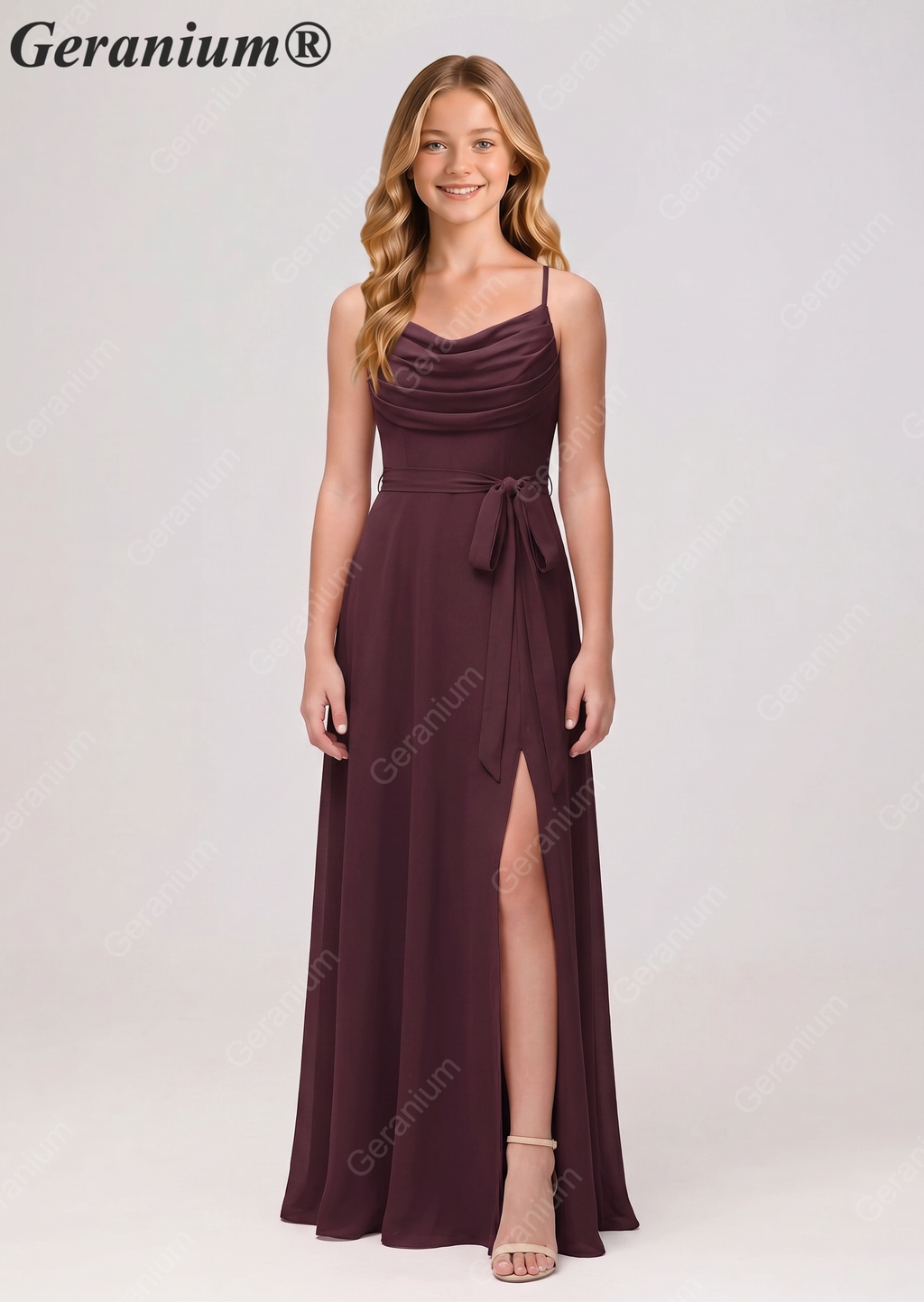 Geranium Elegant Cowl Neck Chiffon Junior Bridesmaid Dress with Side Slit KD-311