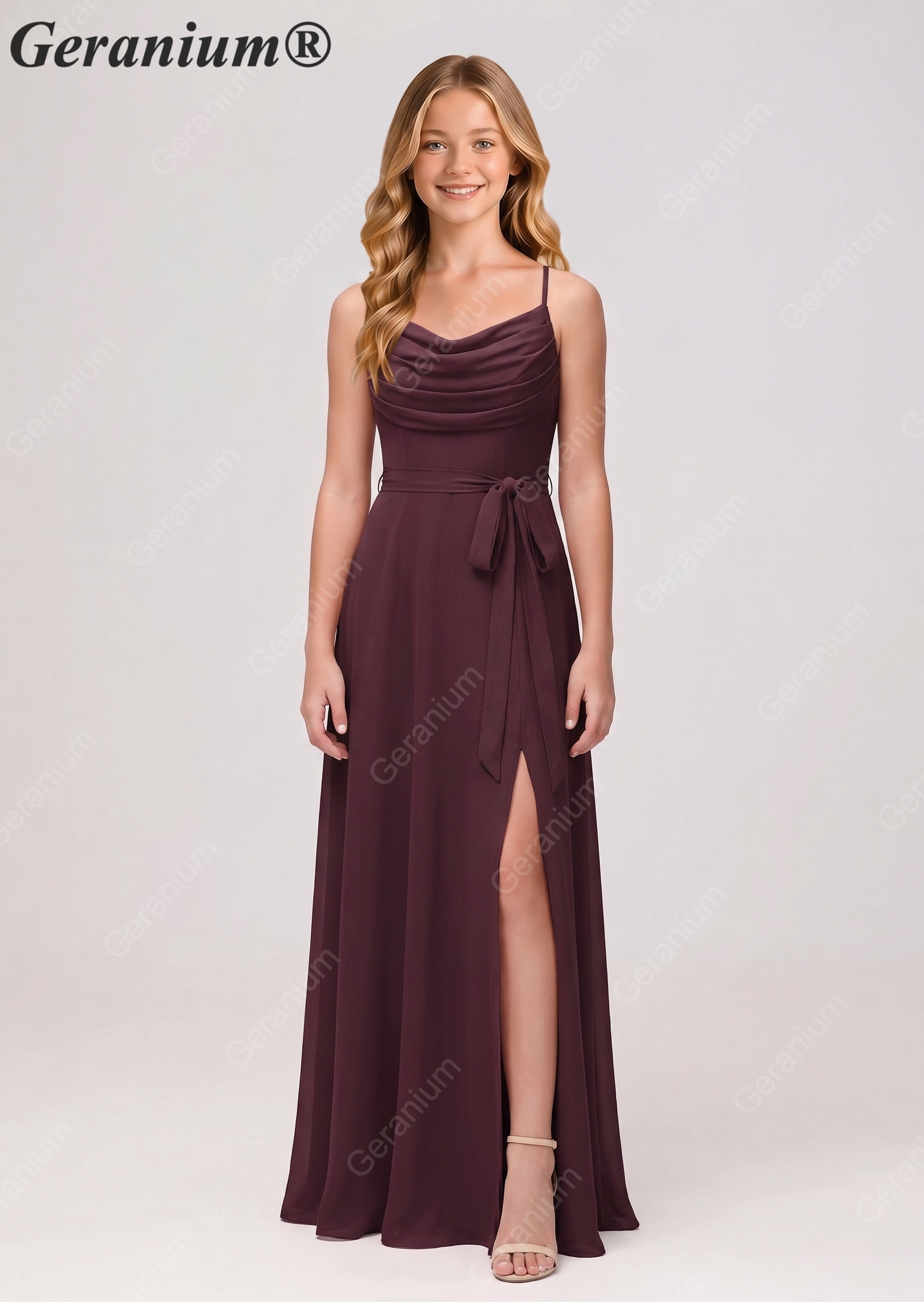Geranium Elegant Cowl Neck Chiffon Junior Bridesmaid Dress with Side Slit KD-311