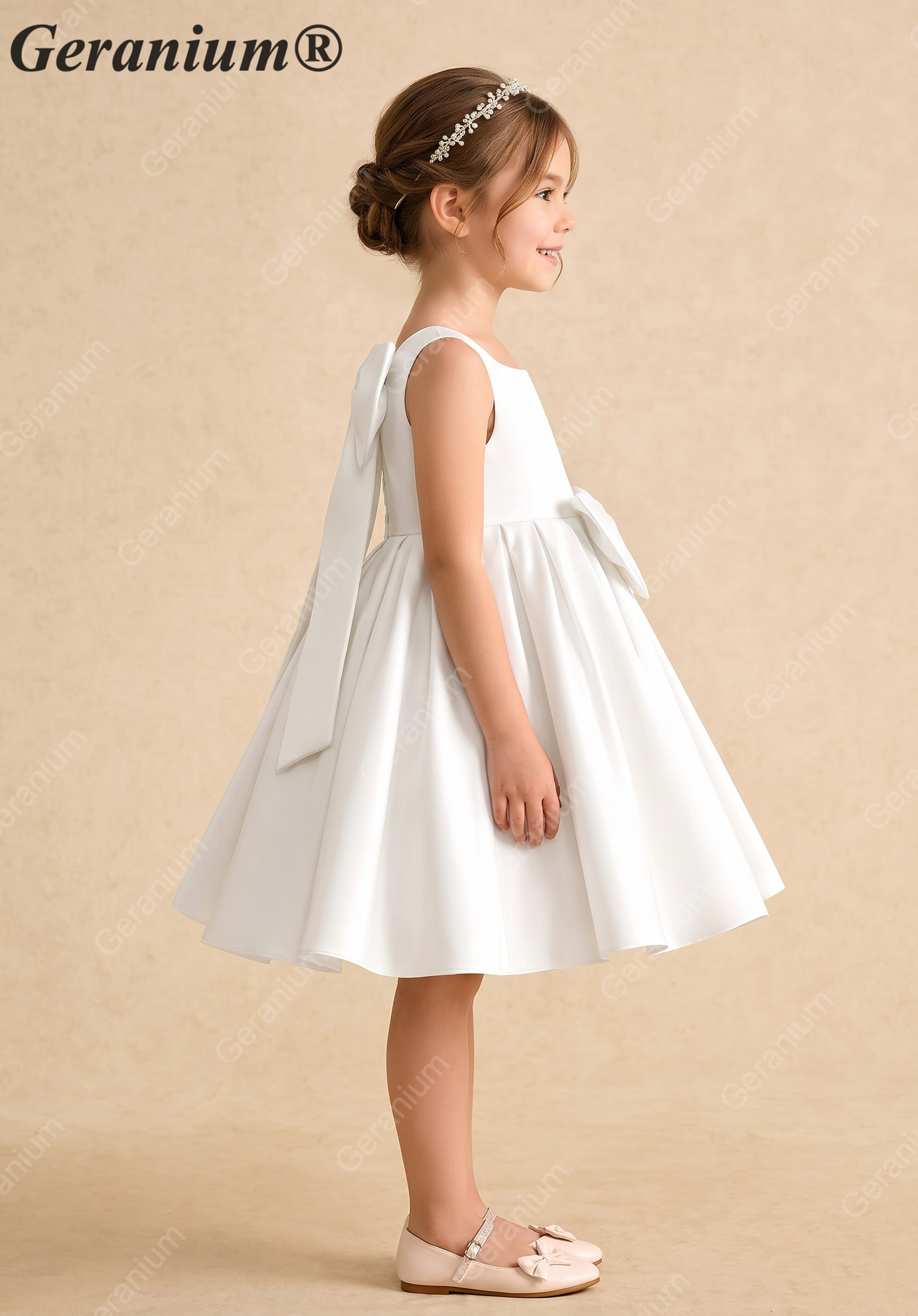 Geranium Elegant Big Bow Flower Girl Dress - Pure White Satin A-Line Princess Gown for Weddings & Birthdays KD-230