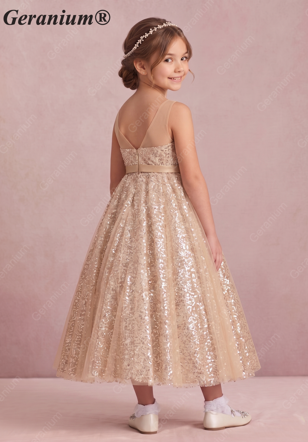Geranium Luxury Champagne Gold Sequin Flower Girl Dress - Illusion Neckline Tulle Ball Gown for Kids KD-267