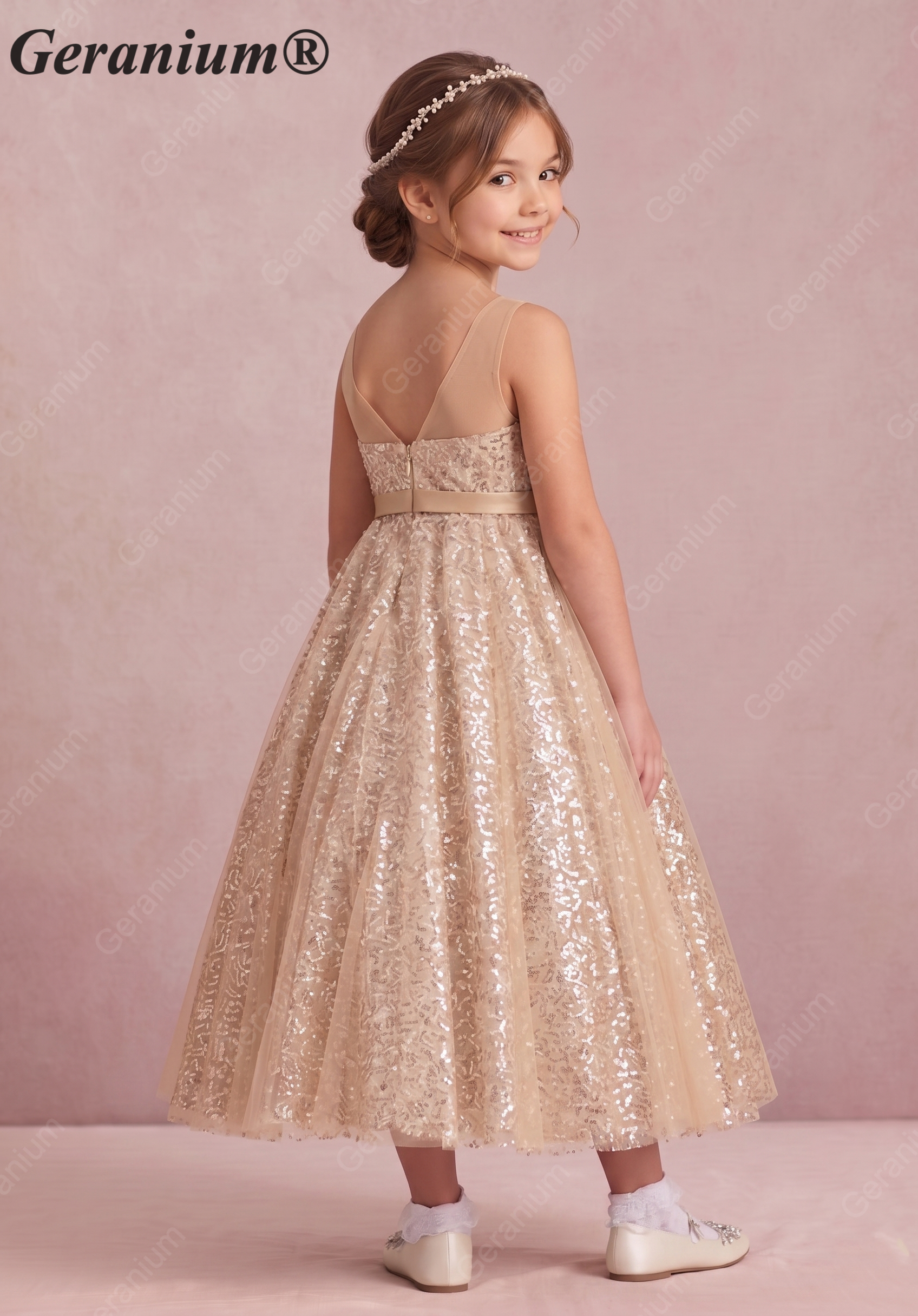 Geranium Luxury Champagne Gold Sequin Flower Girl Dress - Illusion Neckline Tulle Ball Gown for Kids KD-267