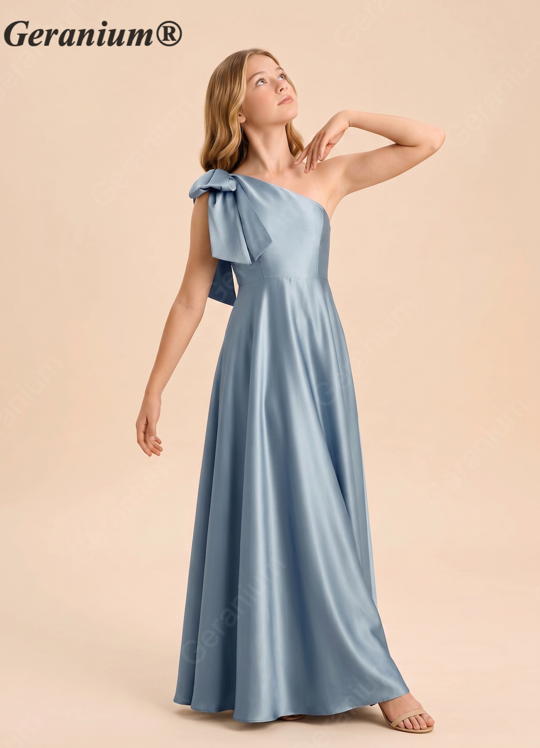 Geranium Elegant One-Shoulder Satin Junior Bridesmaid Dress with Bow KD-140 Secondary image