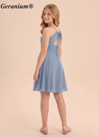 Geranium Dusty Blue Chiffon Spaghetti Strap A-Line Short Bridesmaid Dress with Open Back KD-113