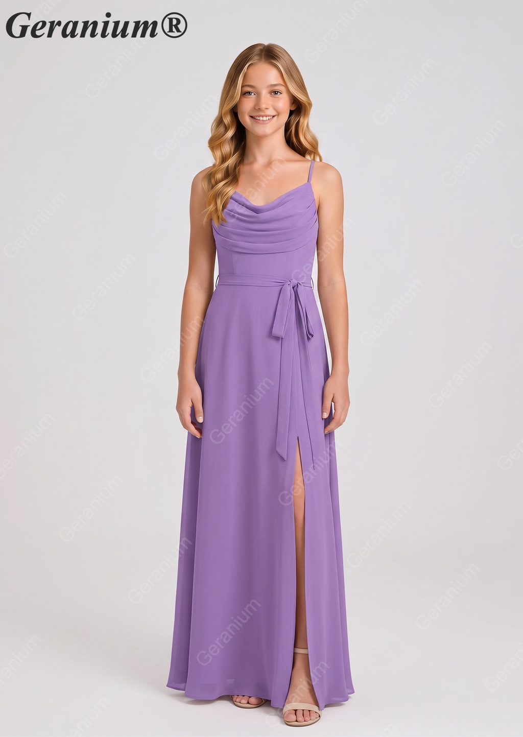 Geranium Elegant Cowl Neck Chiffon Junior Bridesmaid Dress with Side Slit KD-311