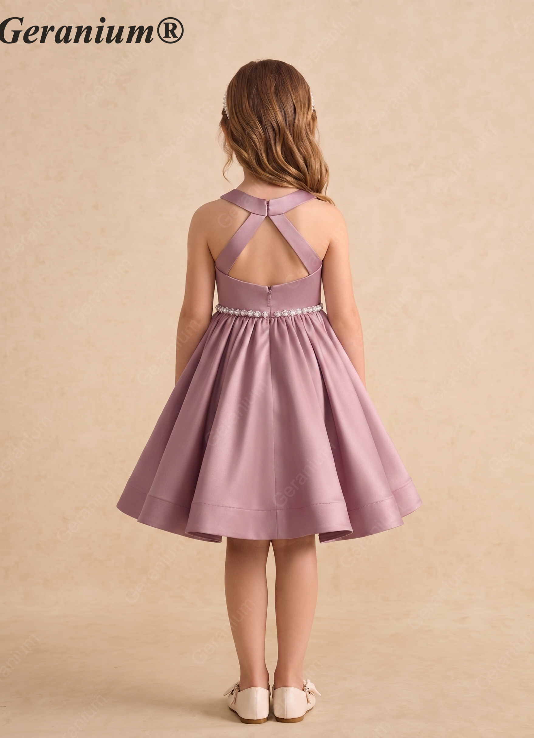 Geranium Girls Mauve Satin Hi-Low Dress with Pearl Waistband & Detachable Ruffled Tulle Train KD-283