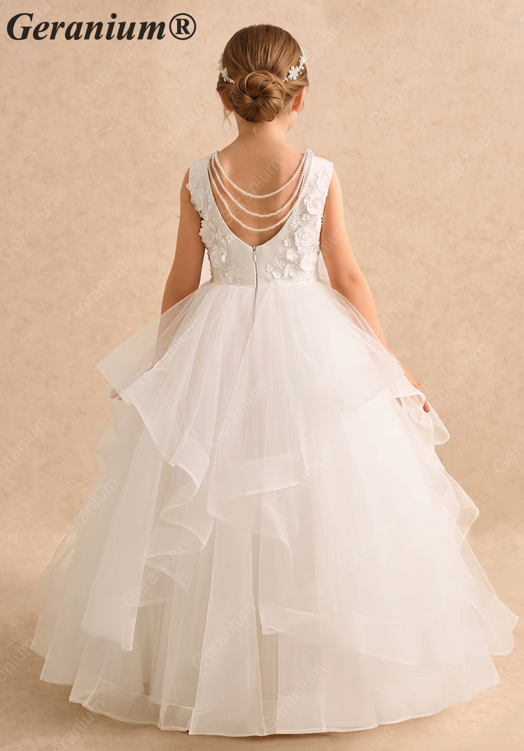 Geranium Elegant Pearl Back Tiered Tulle Flower Girl Dress - Luxury Communion & Birthday Ball Gown KD-279