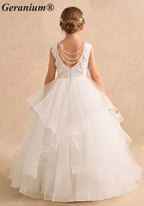 Geranium Elegant Pearl Back Tiered Tulle Flower Girl Dress - Luxury Communion & Birthday Ball Gown KD-279