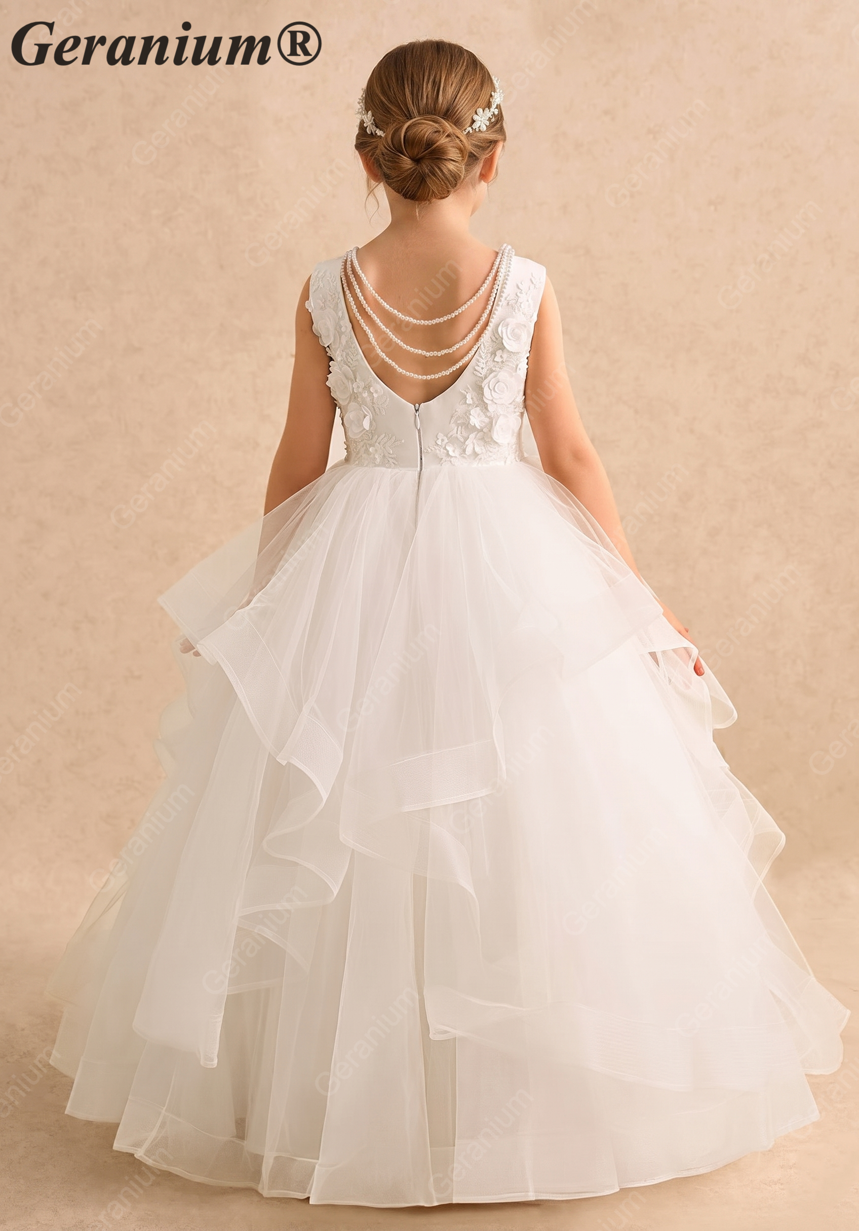 Geranium Elegant Pearl Back Tiered Tulle Flower Girl Dress - Luxury Communion & Birthday Ball Gown KD-279
