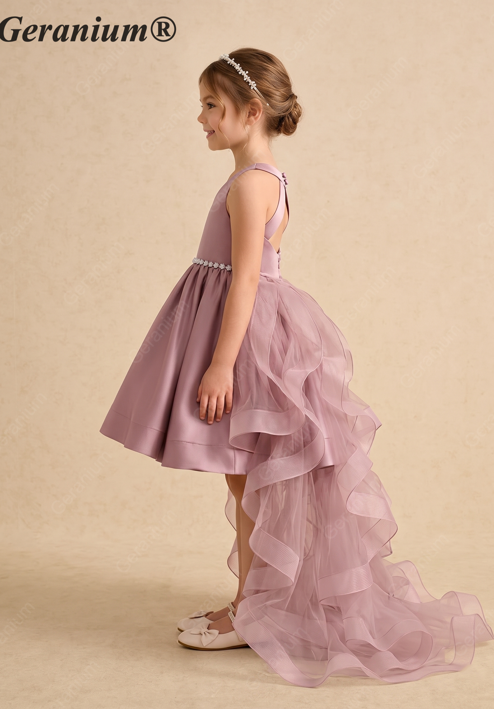 Geranium Girls Mauve Satin Hi-Low Dress with Pearl Waistband & Detachable Ruffled Tulle Train KD-283