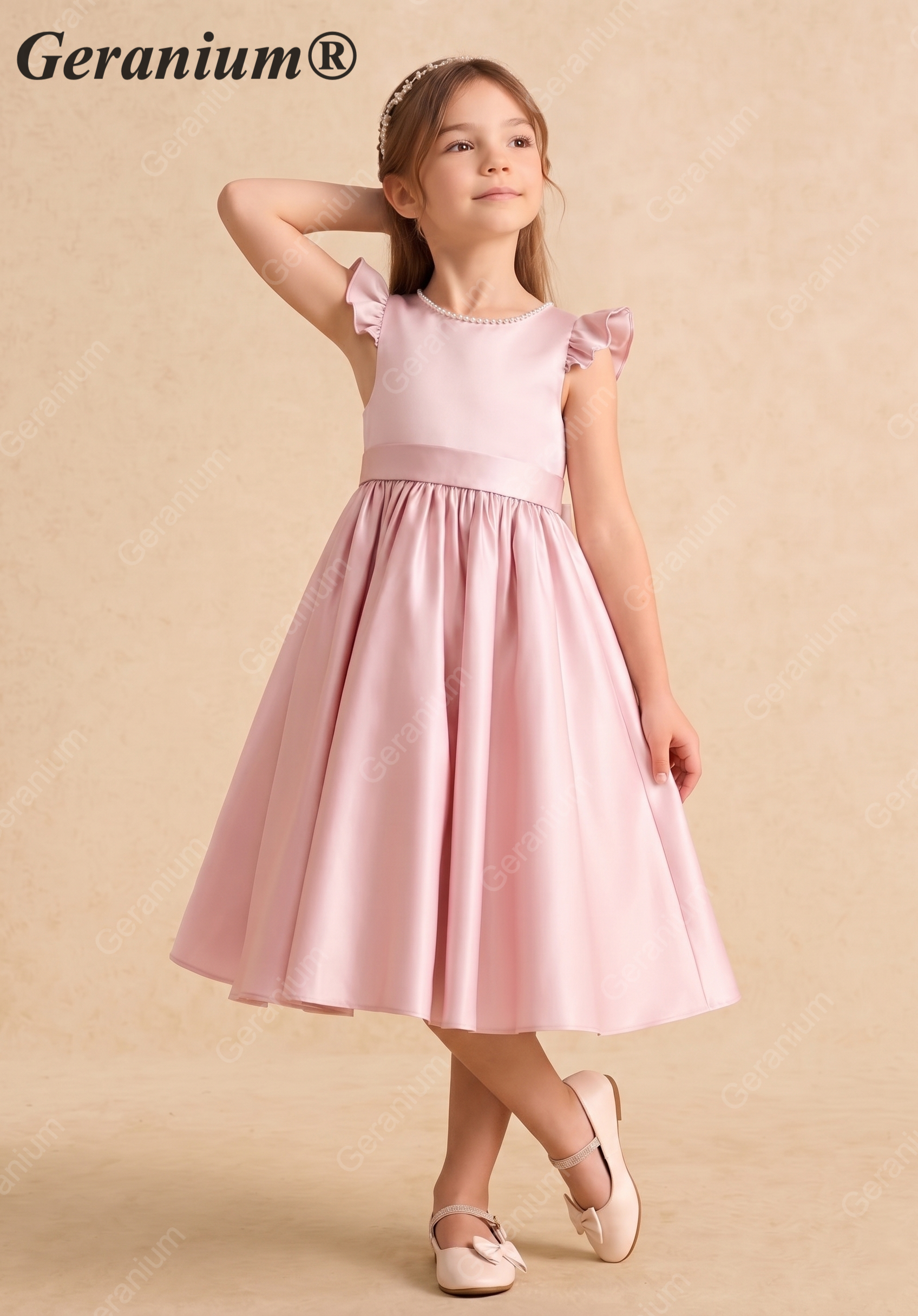 Geranium Elegant Pearl Back Satin Flower Girl Dress with Oversized Bow - Flutter Sleeve Princess Gown KD-229 Secondary image