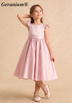 Geranium Elegant Pearl Back Satin Flower Girl Dress with Oversized Bow - Flutter Sleeve Princess Gown KD-229