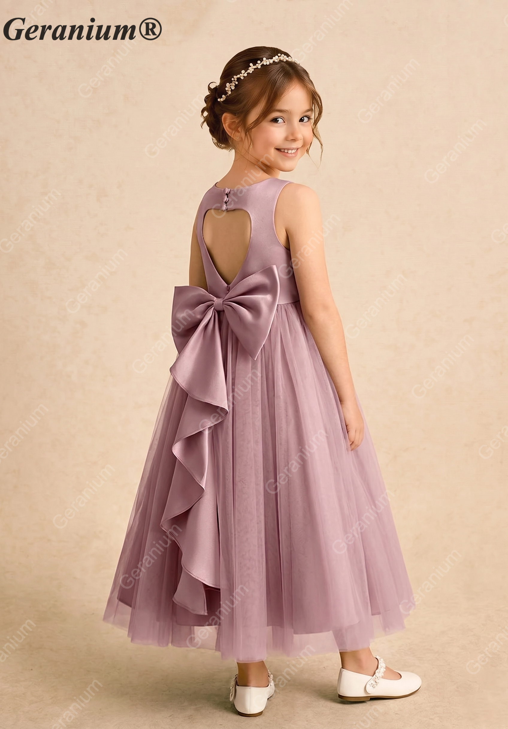 Geranium Vintage Mauve Heart Back Tulle Flower Girl Dress with Detachable Bow – KD-182 Image secondaire du produit