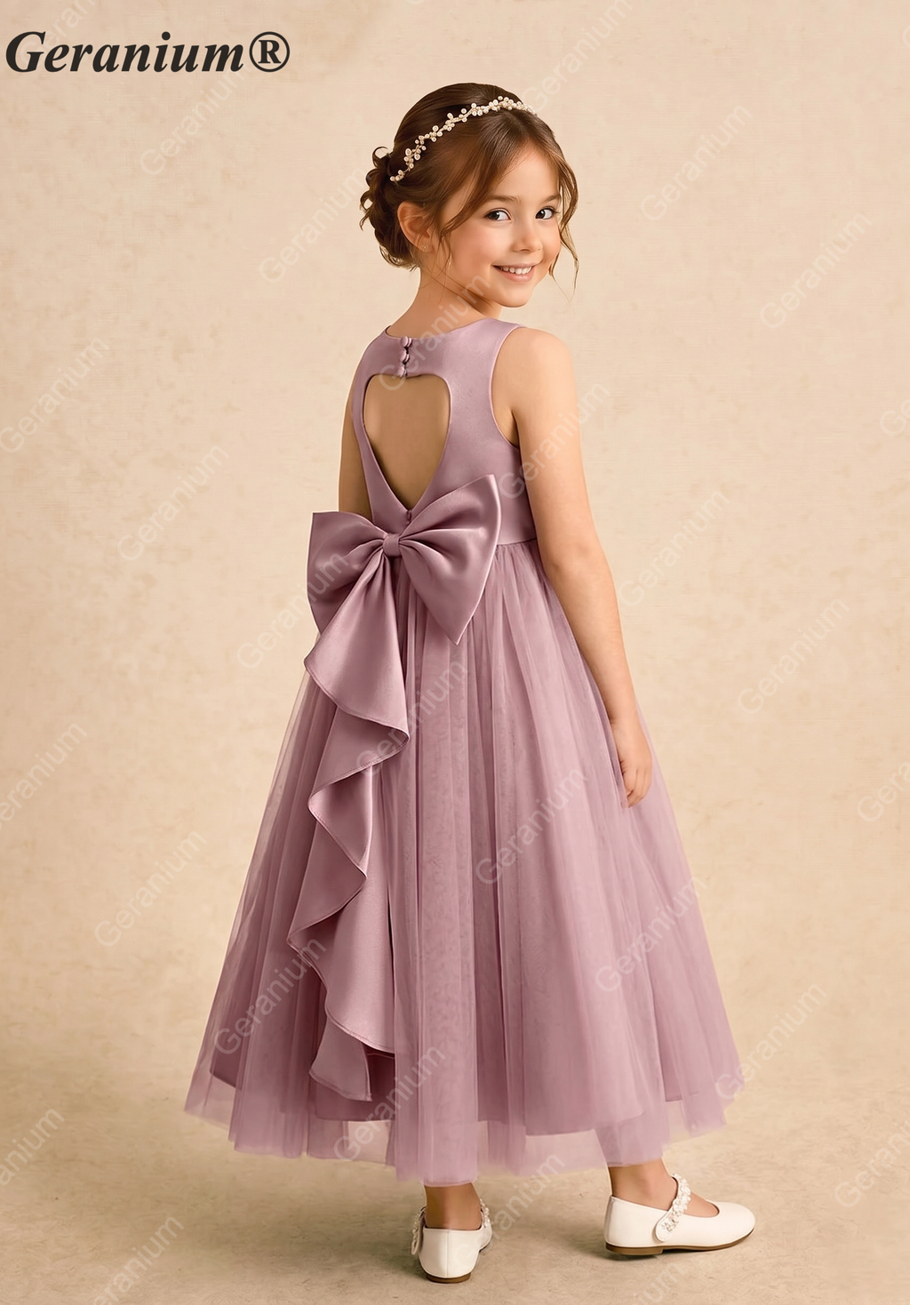 Geranium Heart Back Dusty Rose Tulle Flower Girl Dress with Oversized Detachable Bow KD-182