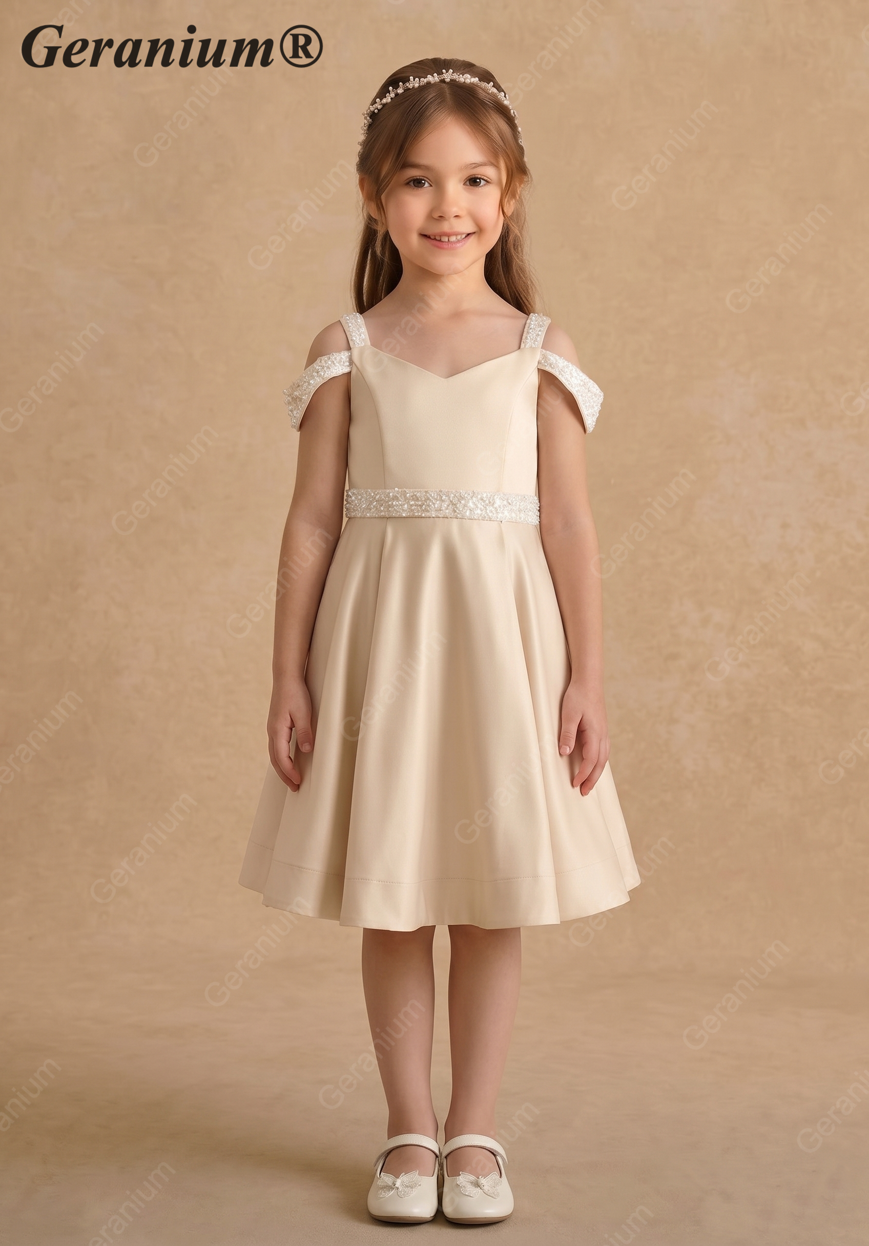 Geranium Girls' Champagne Matte Satin Cold Shoulder Flower Girl Dress with Beaded Sequin Waistband KD-250 Main image