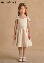 Geranium Girls' Champagne Matte Satin Cold Shoulder Flower Girl Dress with Beaded Sequin Waistband KD-250