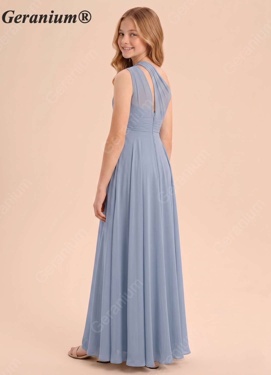 Geranium Dusty Blue One-Shoulder Chiffon Bridesmaid Dress with Pleated Bodice & Flowing A-Line Skirt KD-79