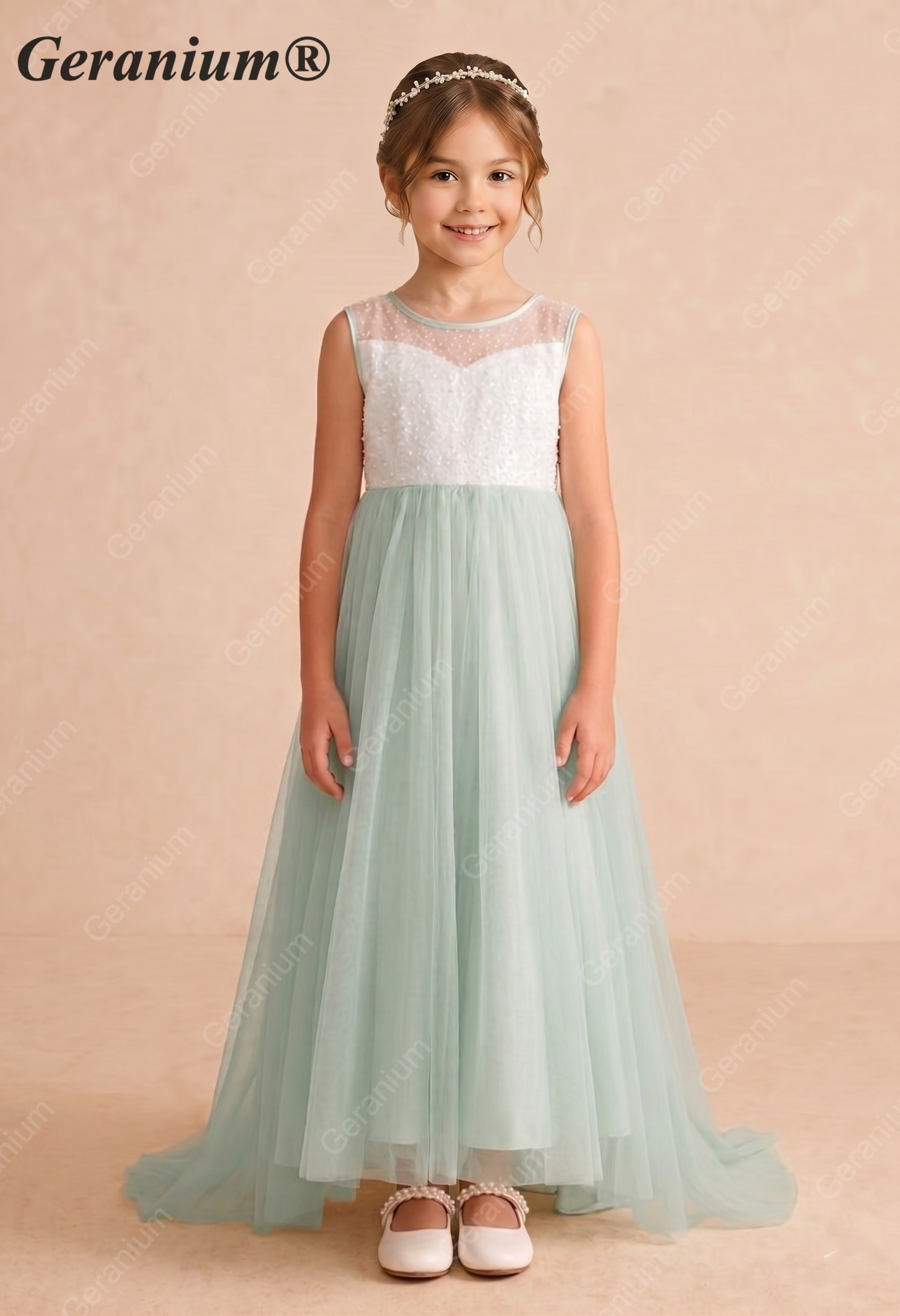 Geranium Enchanting Sage Green Sequin Tulle Flower Girl Dress - Elegant Floor-Length Formal Gown for Weddings & Parties KD-238 Secondary image