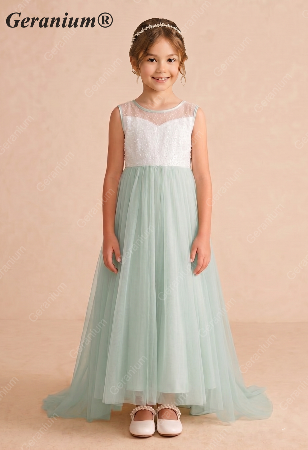 Geranium Enchanting Sage Green Sequin Tulle Flower Girl Dress - Elegant Floor-Length Formal Gown for Weddings & Parties KD-238