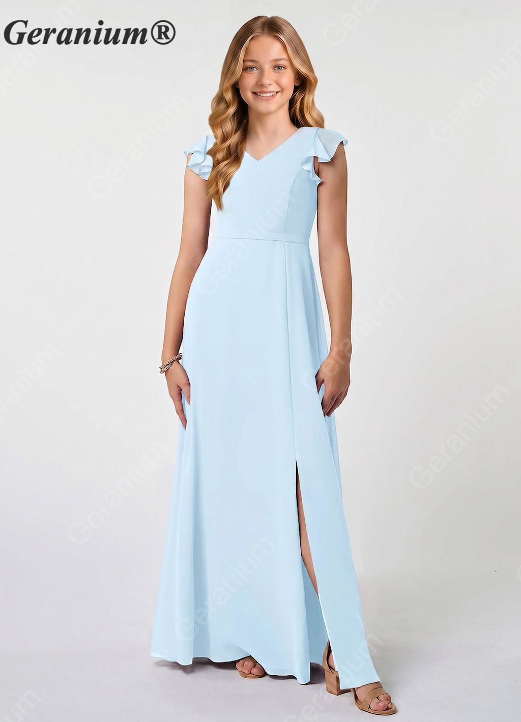 Geranium Light Blue Junior Bridesmaid Dress with Flutter Sleeves V-Neck Chiffon Floor-Length Dress with Slit KD-84