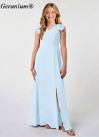 Geranium Light Blue Junior Bridesmaid Dress with Flutter Sleeves V-Neck Chiffon Floor-Length Dress with Slit KD-84