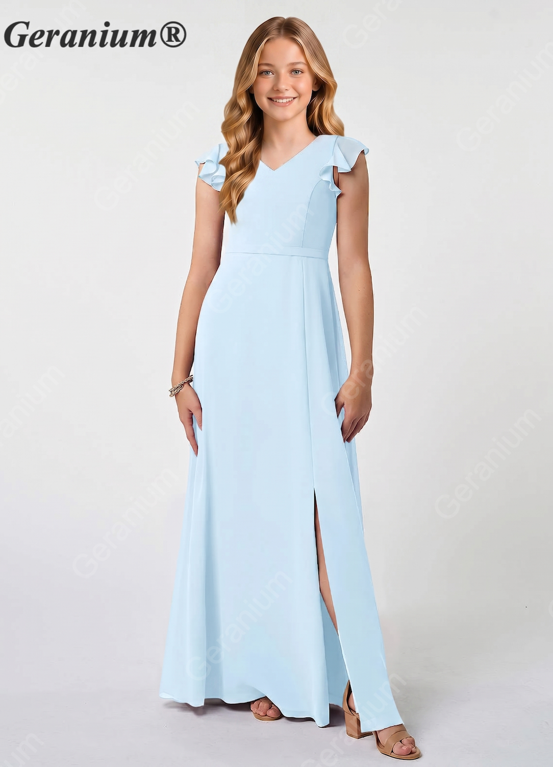 Geranium Light Blue Junior Bridesmaid Dress with Flutter Sleeves V-Neck Chiffon Floor-Length Dress with Slit KD-84