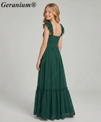 Geranium unior Dark Green Chiffon Ruffled Off-the-Shoulder Bridesmaid Maxi Dress with Tiered Hem KD-327