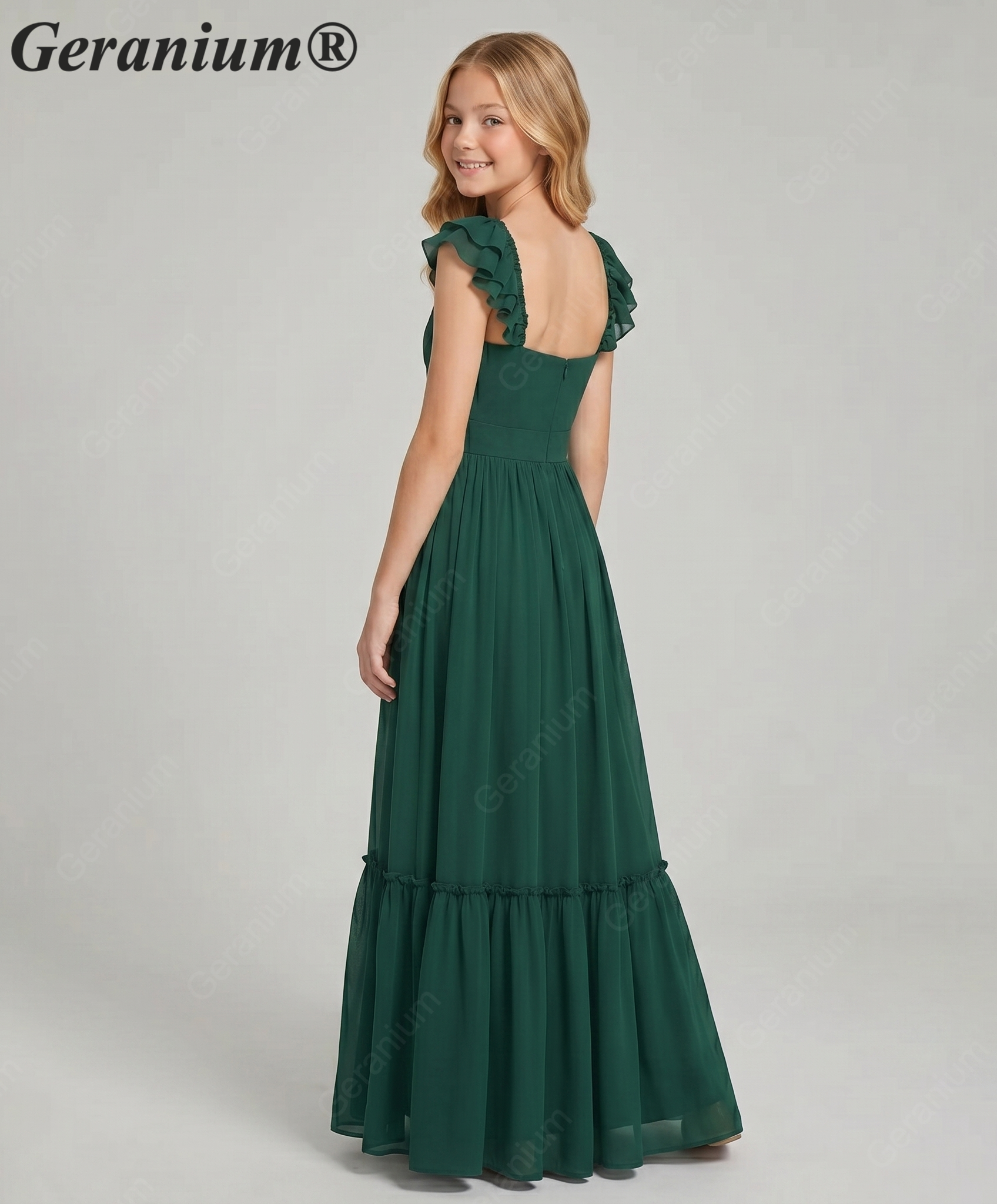 Geranium unior Dark Green Chiffon Ruffled Off-the-Shoulder Bridesmaid Maxi Dress with Tiered Hem KD-327