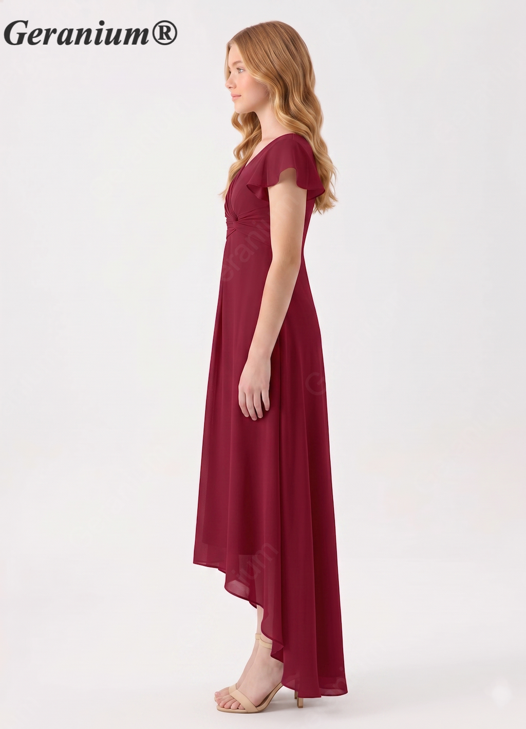 Geranium Burgundy Junior Bridesmaid Dress V-Neck Flutter Sleeve Chiffon High Low Formal Dress for Teen Girls KD-61