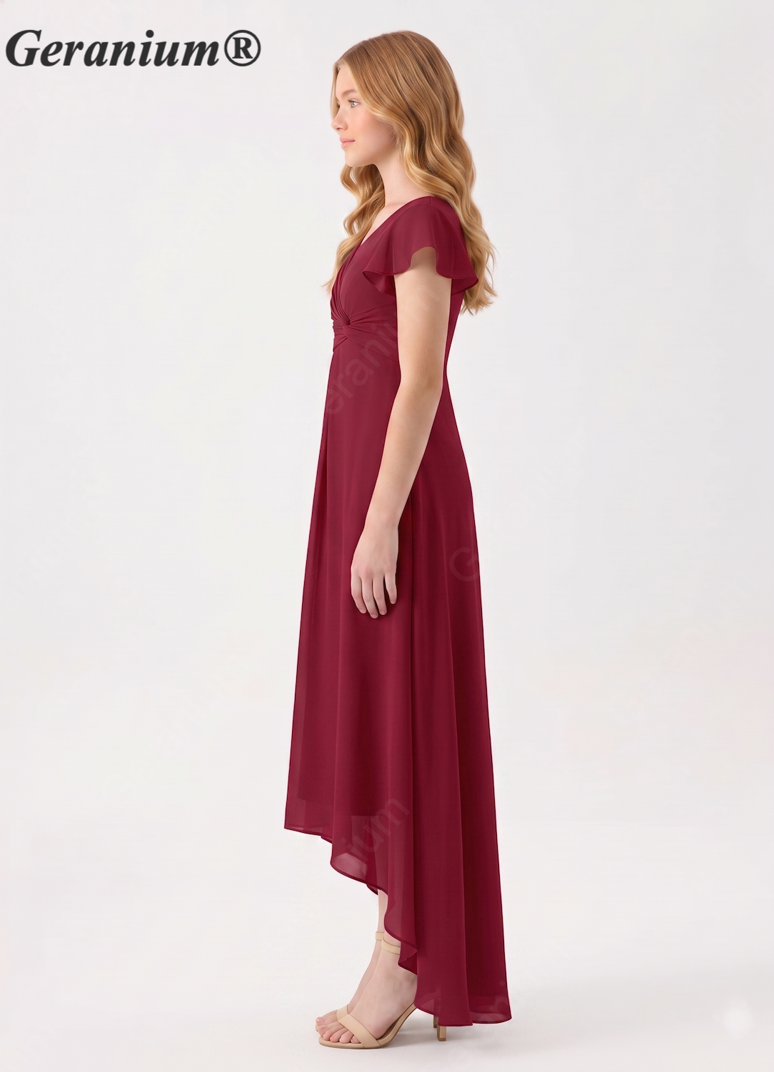Geranium Burgundy Junior Bridesmaid Dress V-Neck Flutter Sleeve Chiffon High Low Formal Dress for Teen Girls KD-61