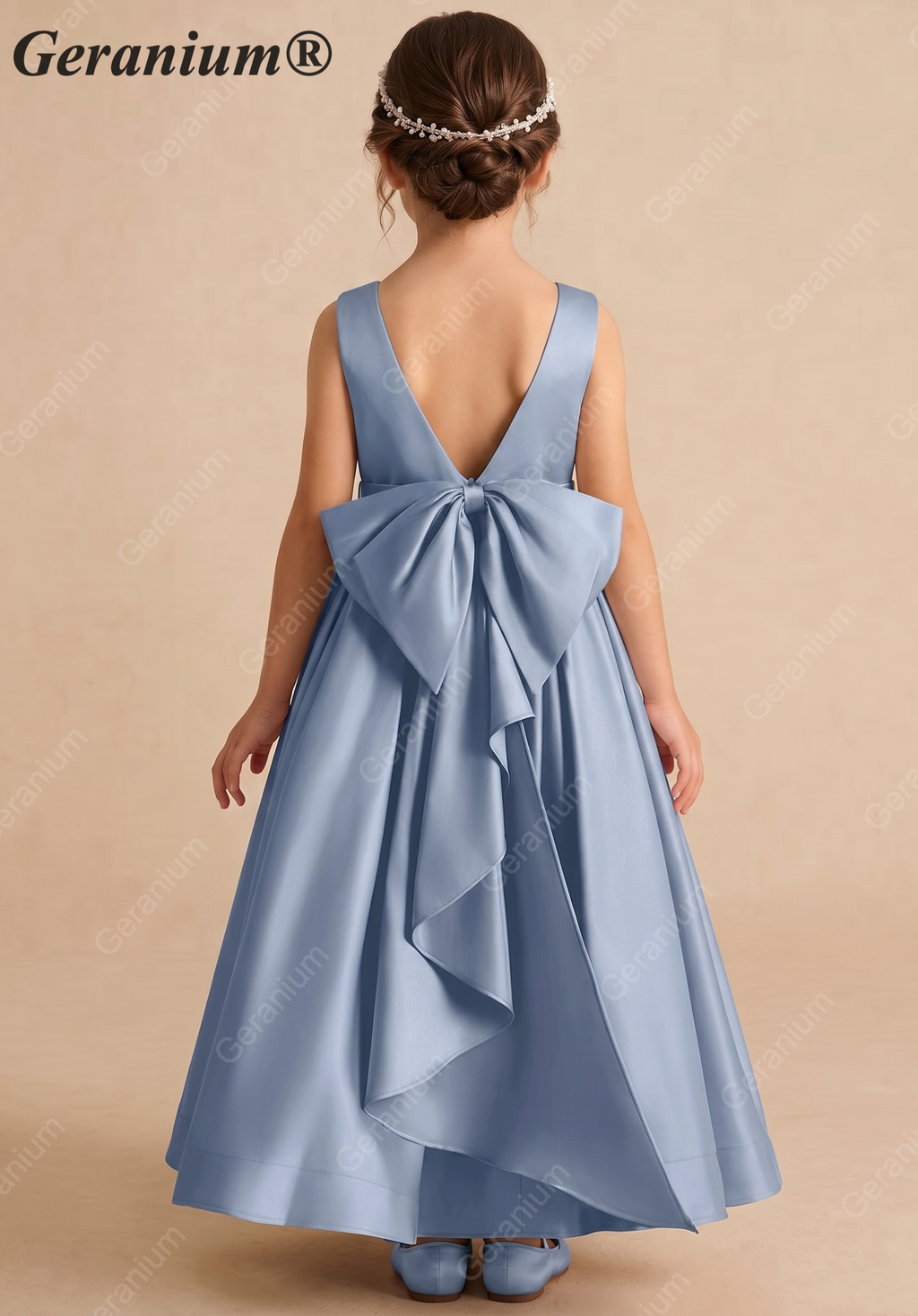 Geranium Elegant Dusty Blue Satin Flower Girl Dress with Oversized Back Bow - Pleated A-Line Junior Bridesmaid Gown KD-270