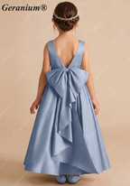 Geranium Elegant Dusty Blue Satin Flower Girl Dress with Oversized Back Bow - Pleated A-Line Junior Bridesmaid Gown KD-270