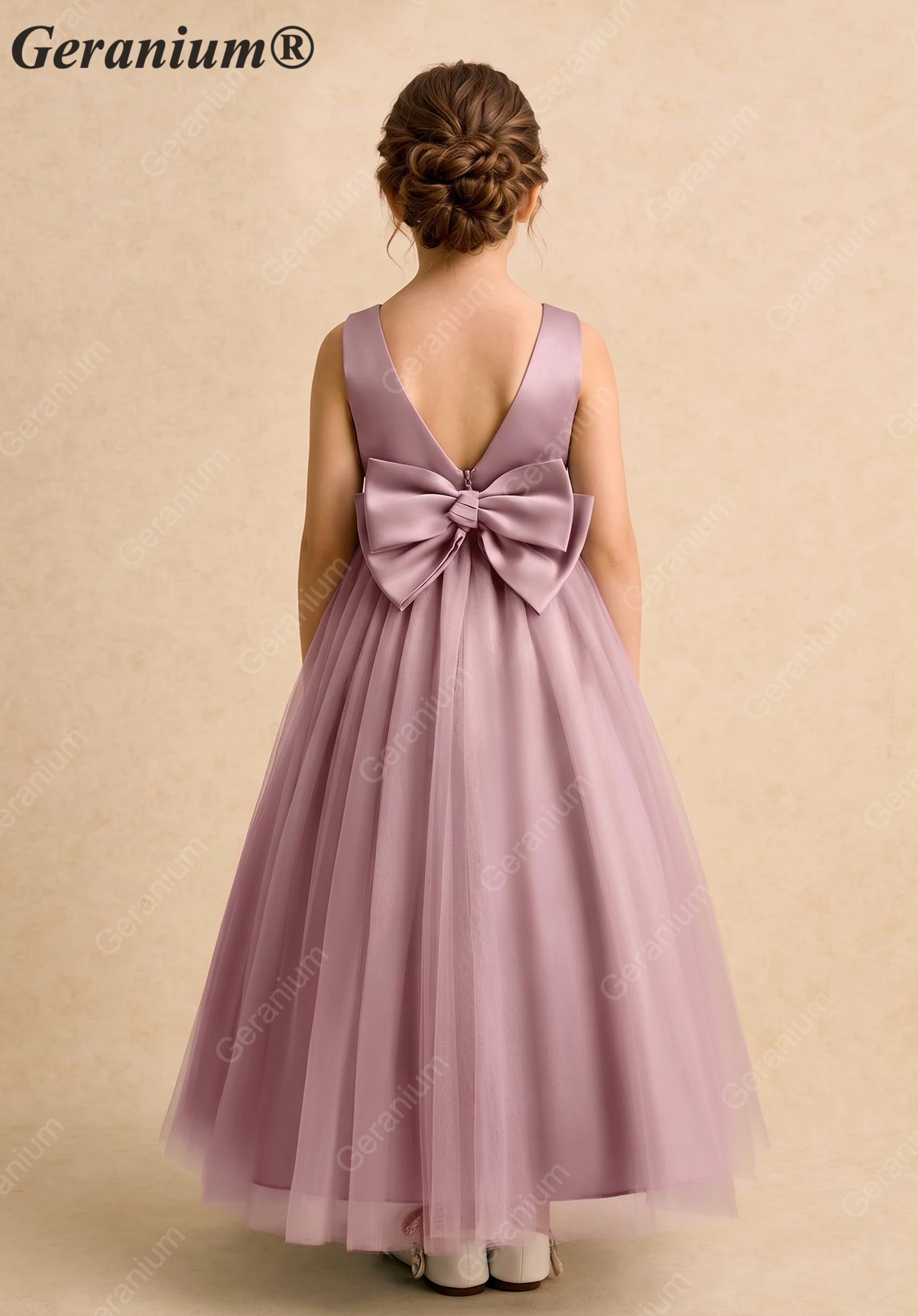 Geranium Dusty Rose Satin & Tulle Flower Girl Dress - Ruffled Tiered Train with Oversized Back Bow KD-190