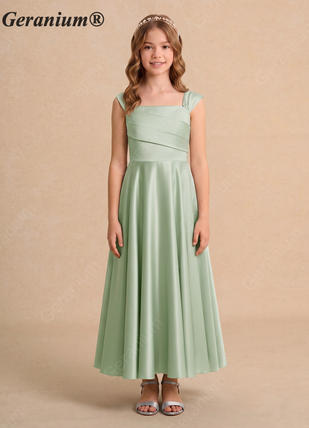 Geranium Sage Green Satin Flower Girl Dress – Square Neck Cap Sleeve A-Line Ankle Length Junior Bridesmaid Dress KD-103 Main image