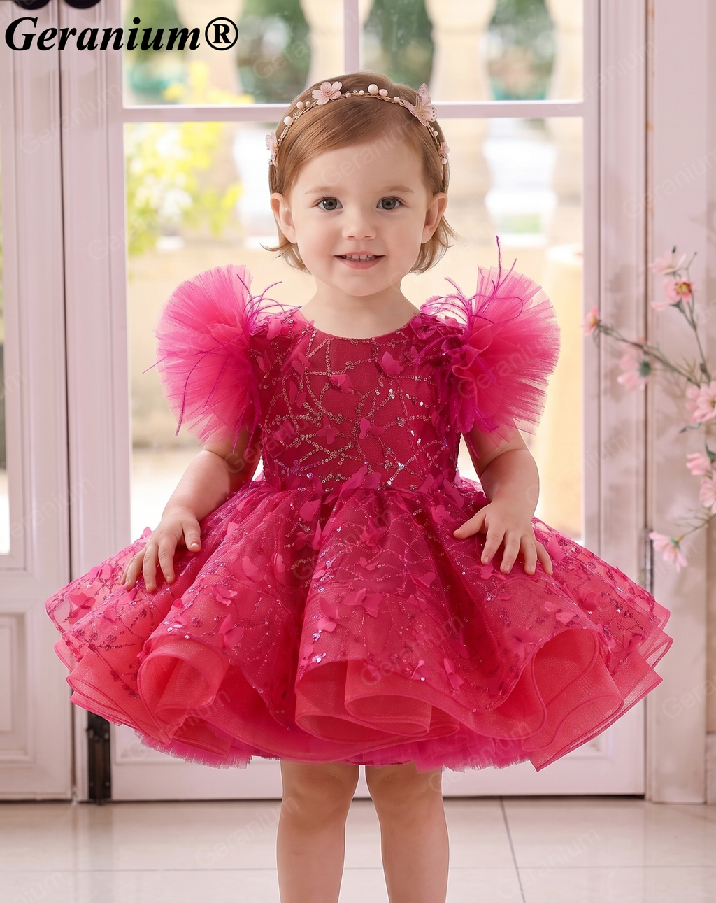 Geranium Sparkling Butterfly Sequined Toddler Formal Dress - Ethereal Feather Sleeve Birthday Gown with Oversized Back Bow KD-362