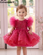 Geranium Sparkling Butterfly Sequined Toddler Formal Dress - Ethereal Feather Sleeve Birthday Gown with Oversized Back Bow KD-362