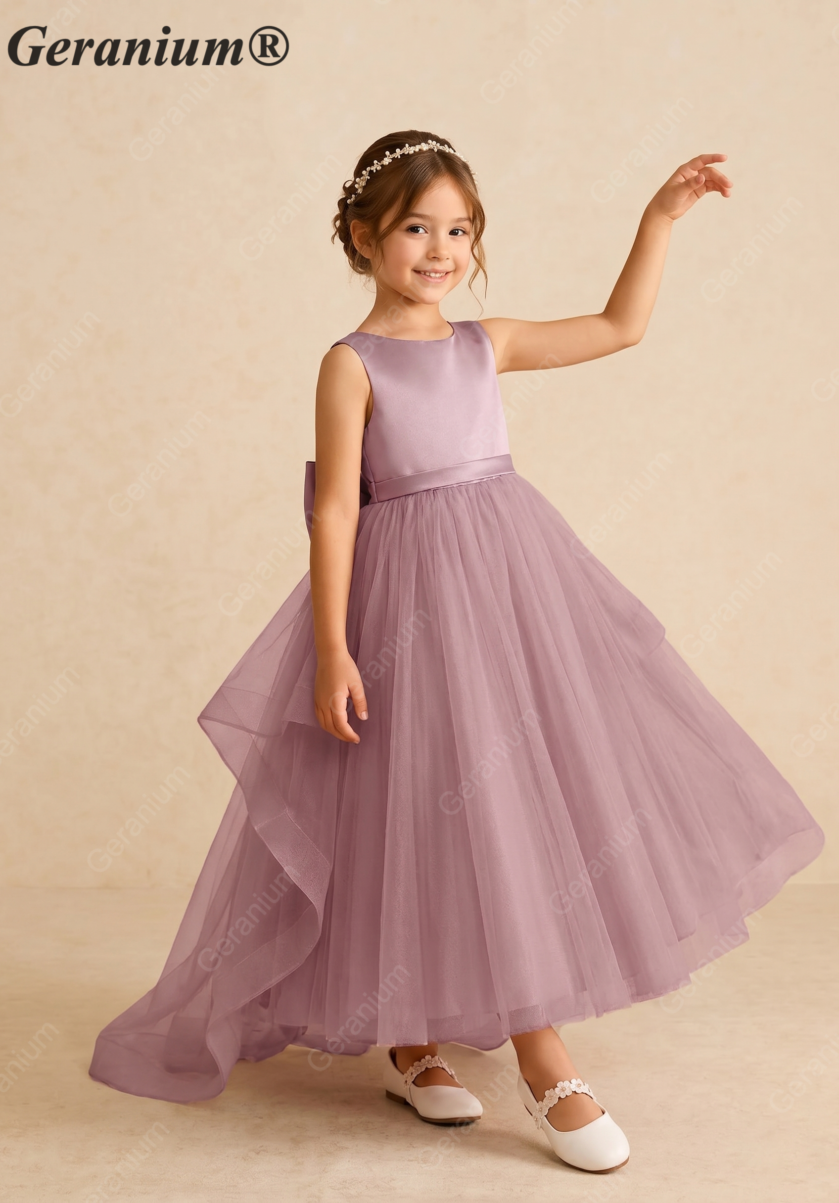 Geranium Elegant Dusty Lavender Satin Flower Girl Dress - Layered Tiered Train & Detachable Bow Back KD-189