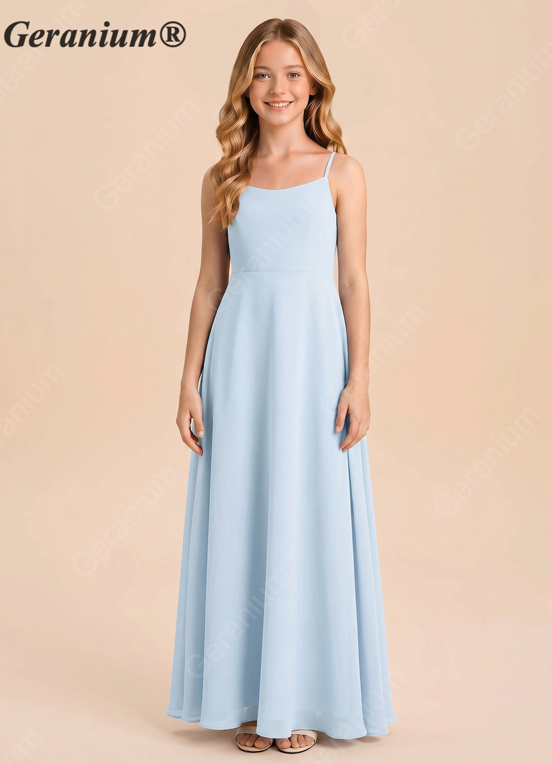 Geranium Elegant Sky Blue Bridesmaid Dress A-Line Spaghetti Strap with Open Back Bow KD-95 Main image