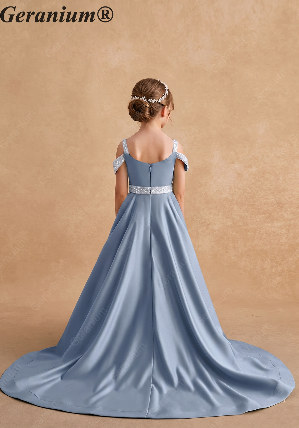 Geranium Ice Blue Satin Cold-Shoulder Flower Girl Dress with Sequin Waist & Long Train KD-263