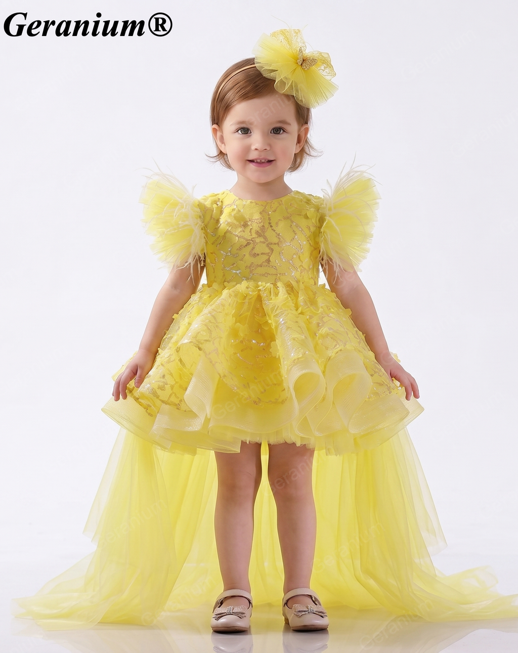 Geranium Sparkling Butterfly Sequined Toddler Formal Dress - Ethereal Feather Sleeve Birthday Gown with Oversized Back Bow KD-362
