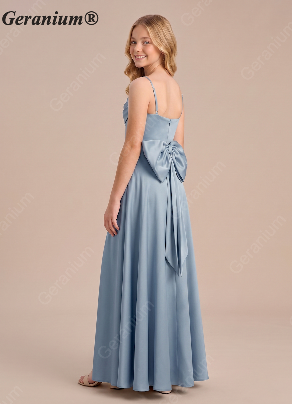 Geranium Dusty Blue Satin A-Line Bridesmaid Dress with Cowl Neck & Bow Back – Elegant Floor Length Evening Gown KD-155