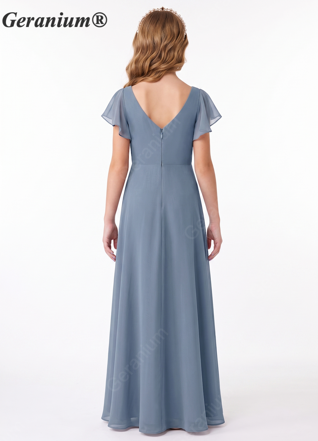 Geranium Dusty Blue Chiffon Flutter Sleeve Bridesmaid Dress with V-Neck & Side Slit KD-149