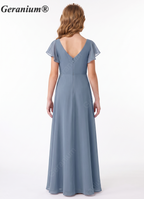 Geranium Dusty Blue Chiffon Flutter Sleeve Bridesmaid Dress with V-Neck & Side Slit KD-149