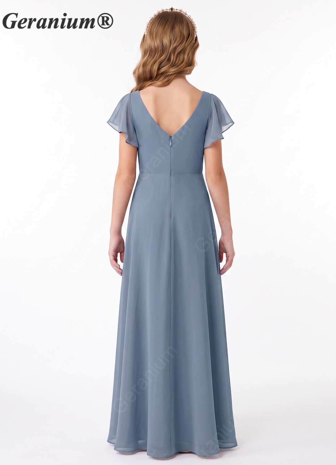 Geranium Dusty Blue Chiffon Flutter Sleeve Bridesmaid Dress with V-Neck & Side Slit KD-149