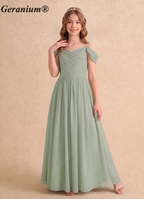 Geranium Sage Green Chiffon Flower Girl Dress with Pleated Bodice & Cold Shoulder Straps – Floor Length Junior Bridesmaid Dress KD-165