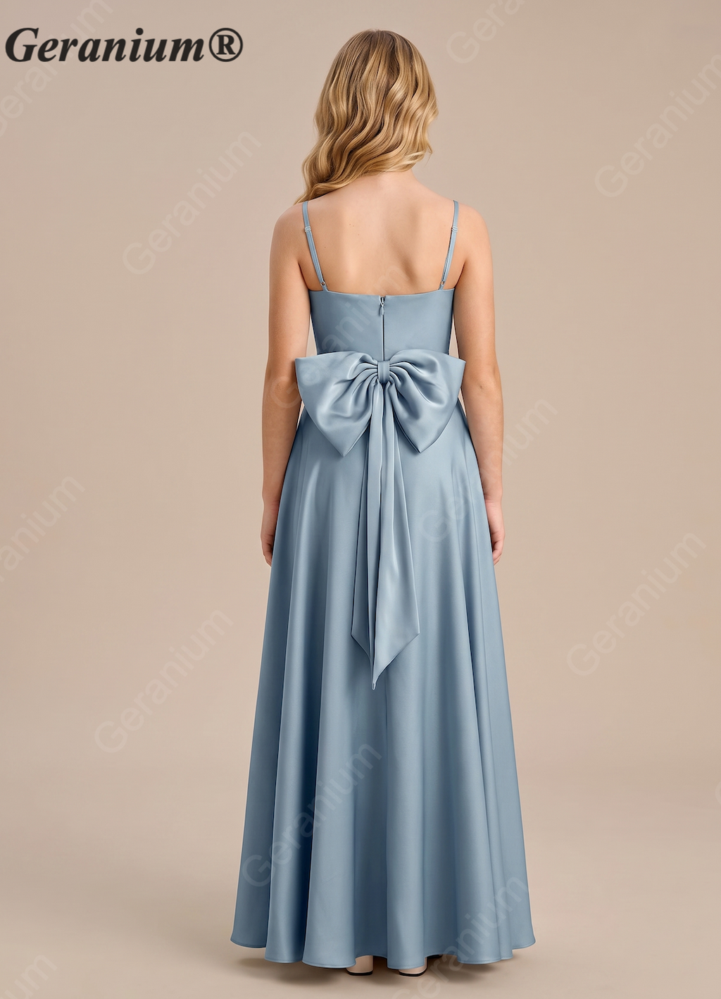 Geranium Dusty Blue Satin A-Line Bridesmaid Dress with Cowl Neck & Bow Back – Elegant Floor Length Evening Gown KD-155